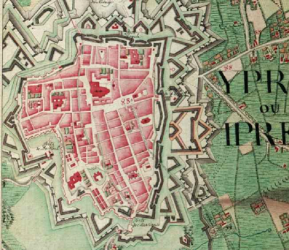 Fortifications d'Ypres sur la carte Ferraris - vers 1775